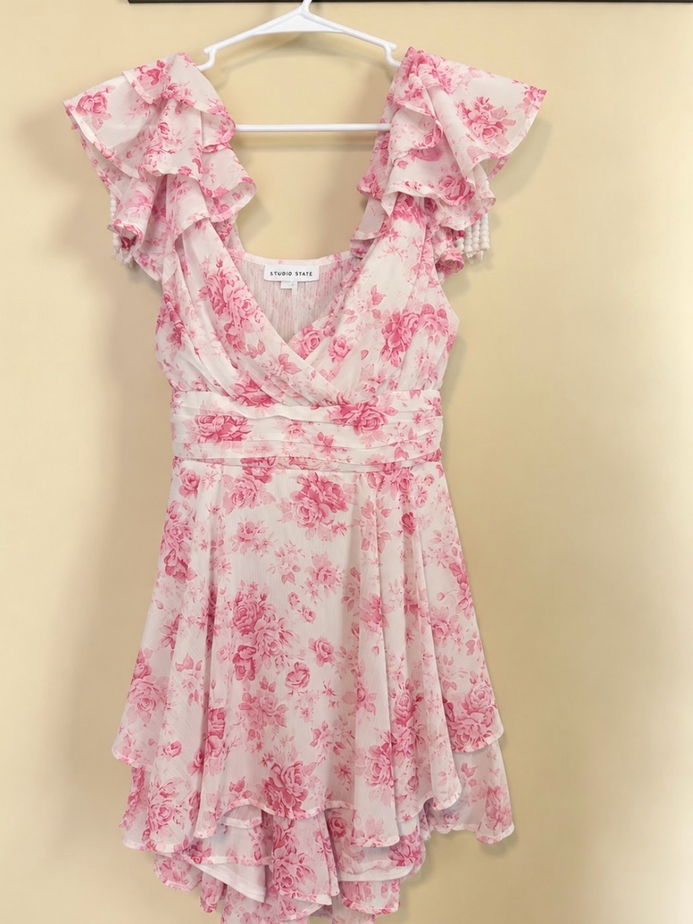 Pink Floral Ruffle Sleeve Mini Romper